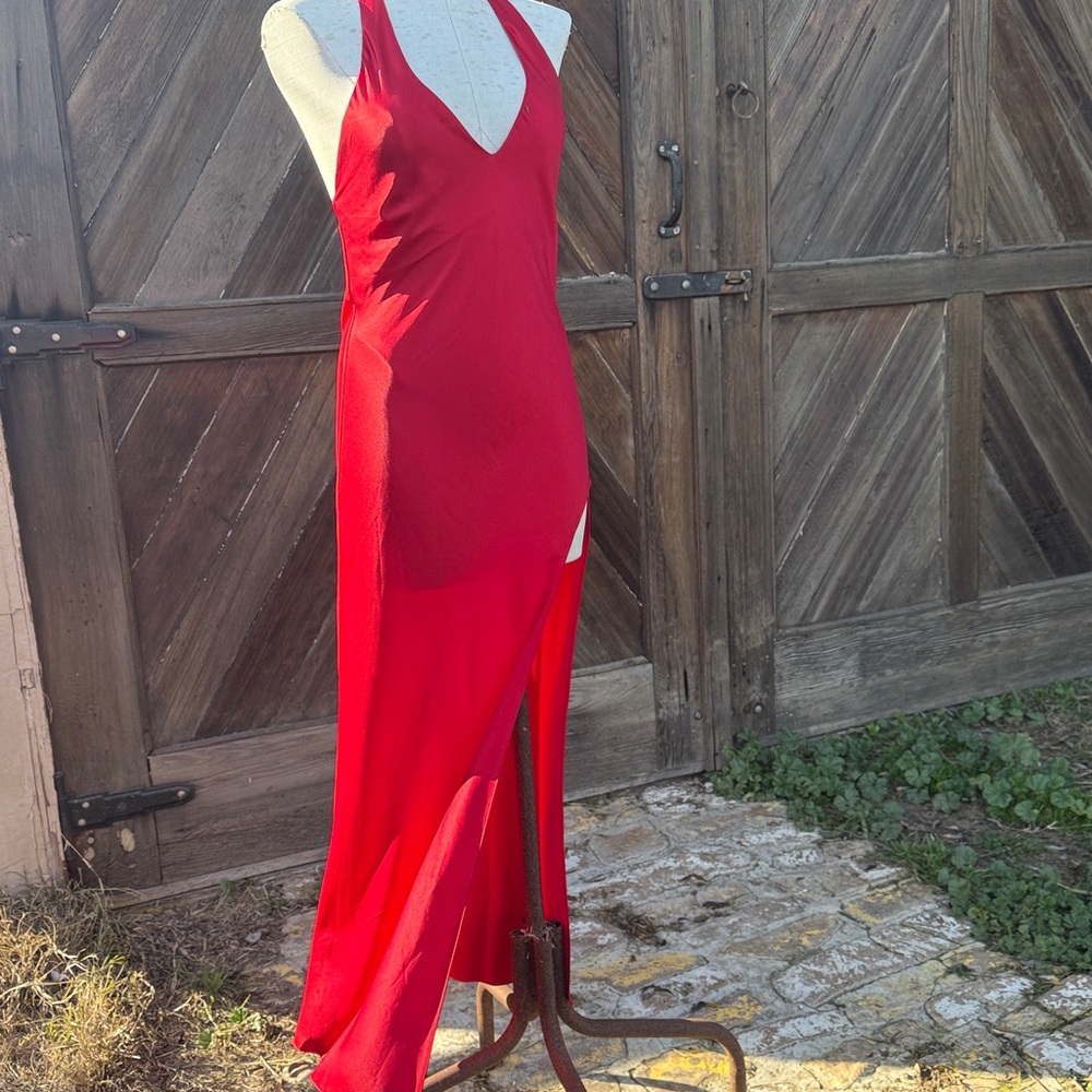 Reformation Meral midi slip Halter Asymmetrical Red Dress Split Side